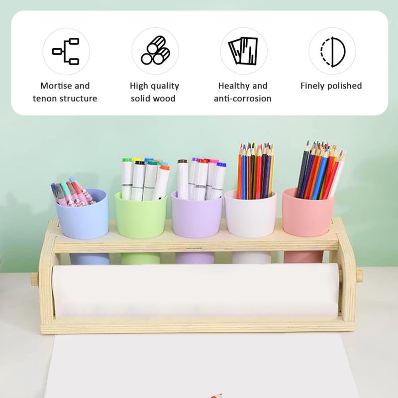 EHERDM Kids Tabletop Paper Roll Dispenser with Paper Rolls (15" x 16.4ft) and 5 Pencil Holder Cups Wooden Table Paper Roll Holder Portable Art Painting Easel for Kids to Doodle Draw Play - Image 3