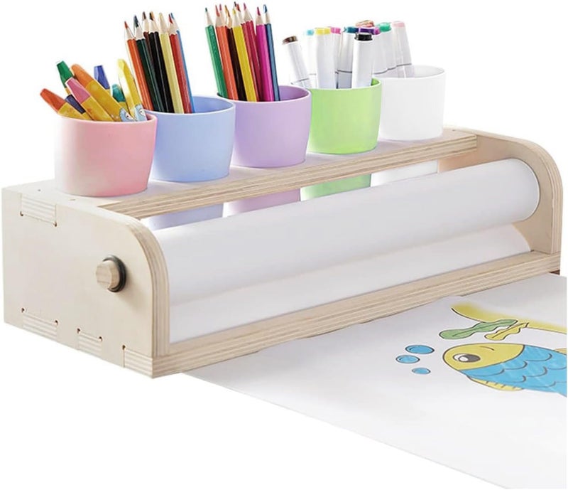 EHERDM Kids Tabletop Paper Roll Dispenser with Paper Rolls (15" x 16.4ft) and 5 Pencil Holder Cups Wooden Table Paper Roll Holder Portable Art Painting Easel for Kids to Doodle Draw Play - Image 1