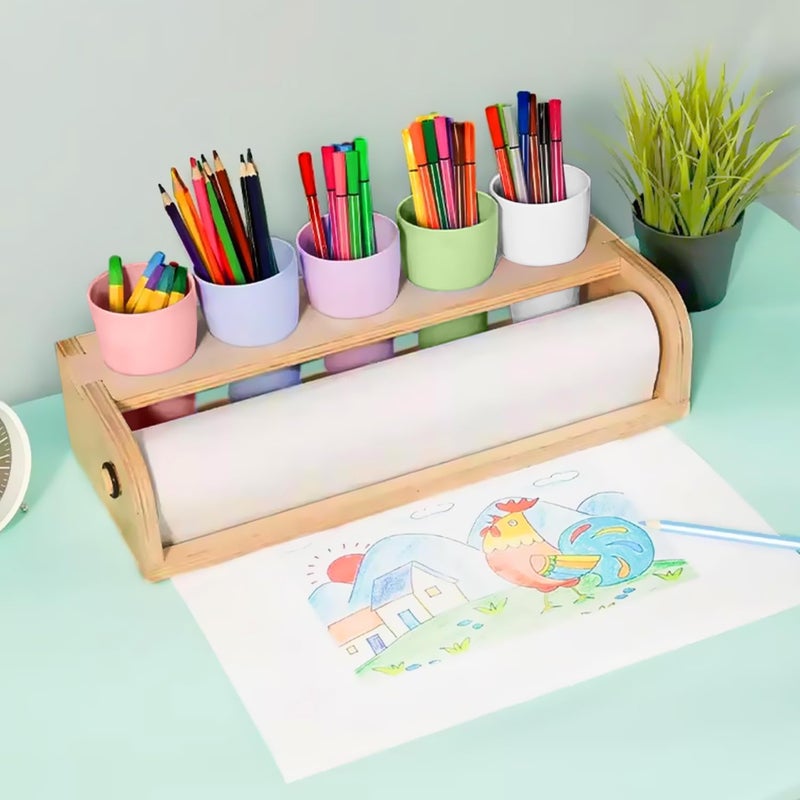 EHERDM Kids Tabletop Paper Roll Dispenser with Paper Rolls (15" x 16.4ft) and 5 Pencil Holder Cups Wooden Table Paper Roll Holder Portable Art Painting Easel for Kids to Doodle Draw Play - Image 2