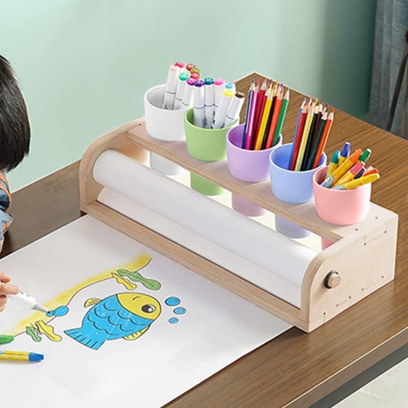 EHERDM Kids Tabletop Paper Roll Dispenser with Paper Rolls (15" x 16.4ft) and 5 Pencil Holder Cups Wooden Table Paper Roll Holder Portable Art Painting Easel for Kids to Doodle Draw Play - Image 4