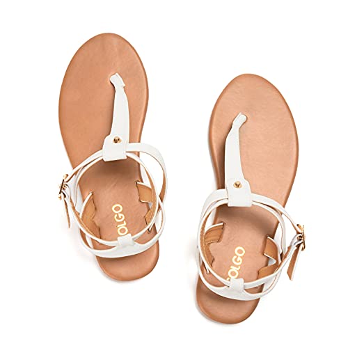 Colgo Thong Flat Sandals, Casual Women T-Strap Dress Sandals with Adjustable Ankle Buckle for Summer Wedding (White/Sdl,6) - Image 4