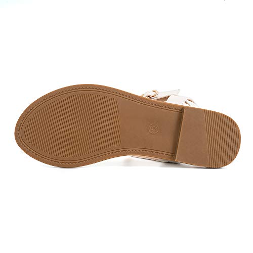 Colgo Thong Flat Sandals, Casual Women T-Strap Dress Sandals with Adjustable Ankle Buckle for Summer Wedding (White/Sdl,6) - Image 5