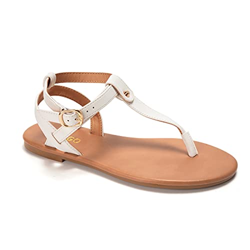 Colgo Thong Flat Sandals, Casual Women T-Strap Dress Sandals with Adjustable Ankle Buckle for Summer Wedding (White/Sdl,6) - Image 1