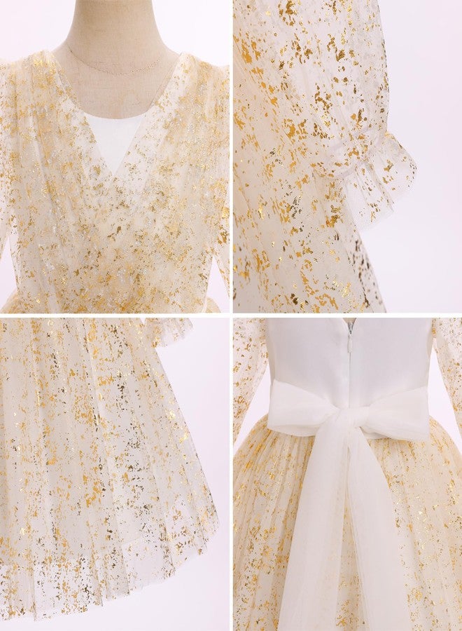 ODOLDI Toddler Kids Girls Spring Fall Long Puff Sleeve Floral Embroidery Ruffle Tulle Tutu Dress Wedding Party Cake Smash White 2-3 T - Image 5