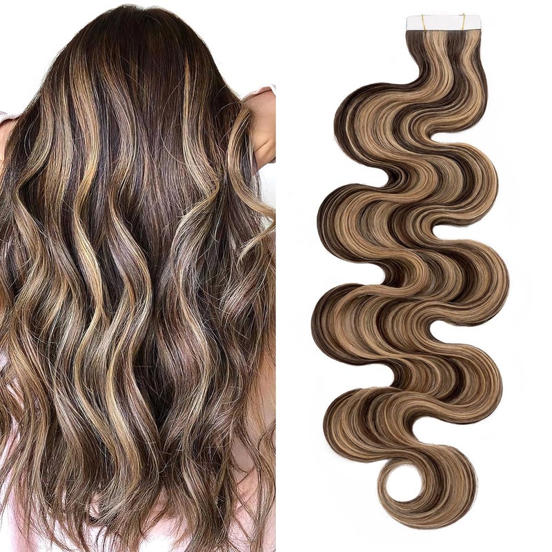 SEGO Tape in Hair Extensions Wavy 16 Inch Balayage 100 Remy Human Hair Real Seamless Skin Weft Invisible Rooted Double Sided Tape Hair for Women 20pcs 50g Medium BrownDark Blonde Body Wave
