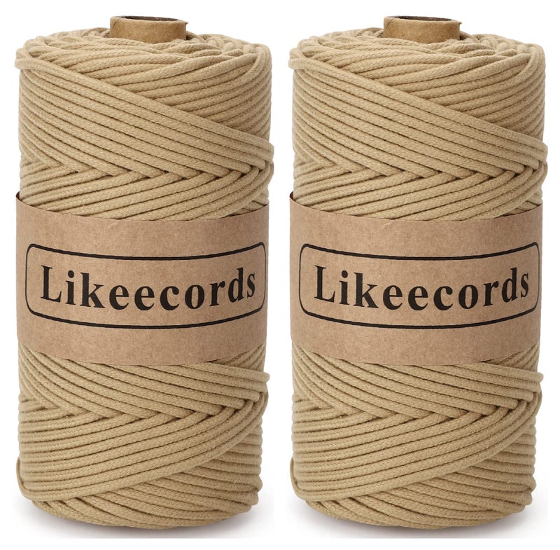 Likeecords 2 Skeins of Braided Macrame Cotton Cord 3mm x 100mMacrame Rope 100 Cotton Rope Macrame StringColorful Cotton Craft Cord for BagWall Hanging Plant Hangers Crafts KnittingKhaki