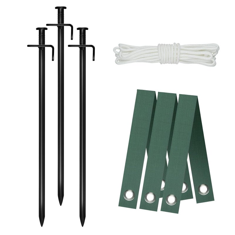 FCENDS Heavy Duty Steel Tree Stake Kits,Tree Staking and Supports Kits for Young Trees Against Bad Weather, Include 3 PCS Tree Straps for Staking, 3 PCS 11.8 Inch Tree Stakes and 31.2 Feet Rope for Anchoring - Image 1