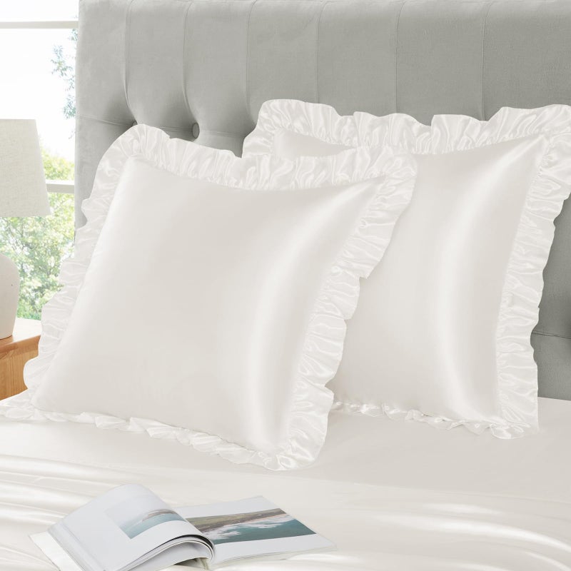 Eychei Ivory White Ruffle Pillow Shams Set of 2, 18 x 18 Inch Satin Ruffle Pillow Covers for Hair and Skin, Silky Pillowcase with Envelope Closure, Anti Wrinkle Ruffled Pillowcase for Sofa, Bed - Image 3