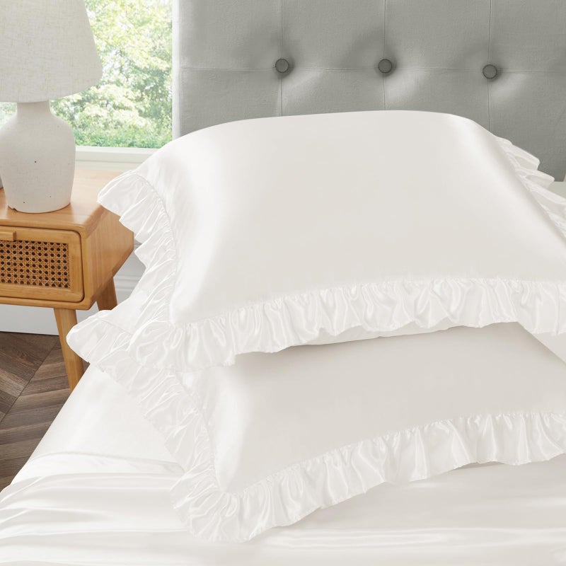 Eychei Ivory White Ruffle Pillow Shams Set of 2, 18 x 18 Inch Satin Ruffle Pillow Covers for Hair and Skin, Silky Pillowcase with Envelope Closure, Anti Wrinkle Ruffled Pillowcase for Sofa, Bed - Image 2