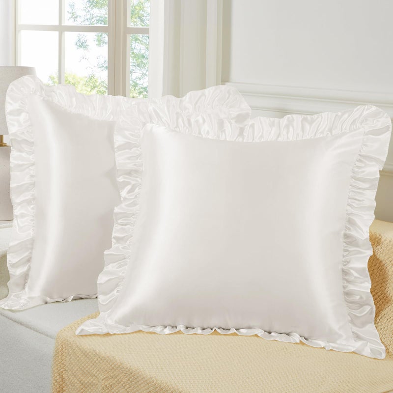 Eychei Ivory White Ruffle Pillow Shams Set of 2, 18 x 18 Inch Satin Ruffle Pillow Covers for Hair and Skin, Silky Pillowcase with Envelope Closure, Anti Wrinkle Ruffled Pillowcase for Sofa, Bed - Image 4