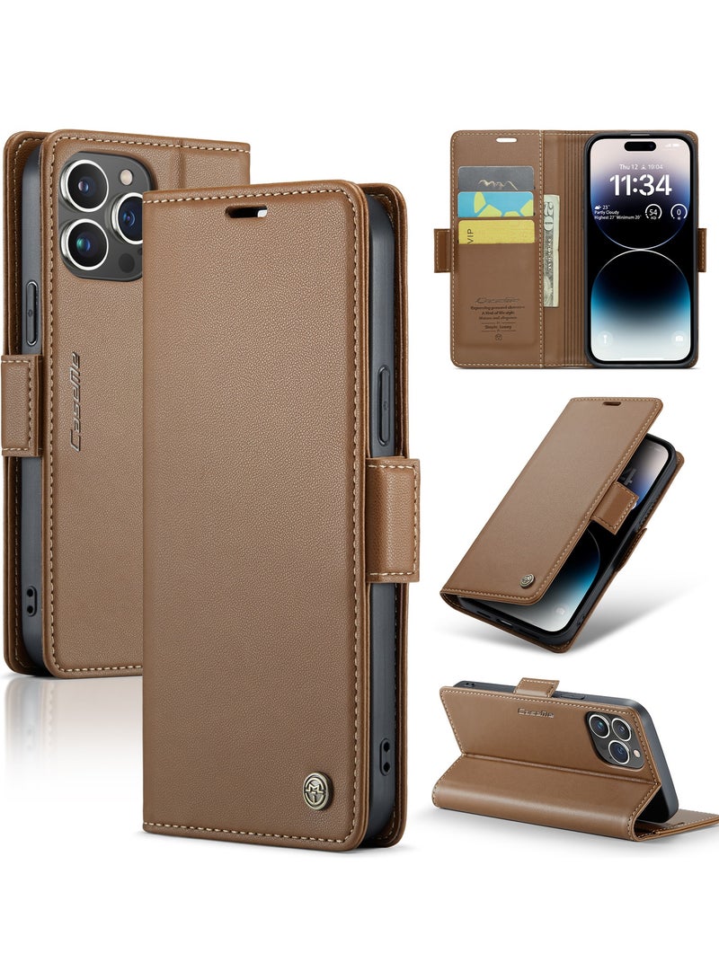 Flip Wallet Case for iPhone 15 Pro, Leather Magnetic Attachment Flip Case Brown - Image 1