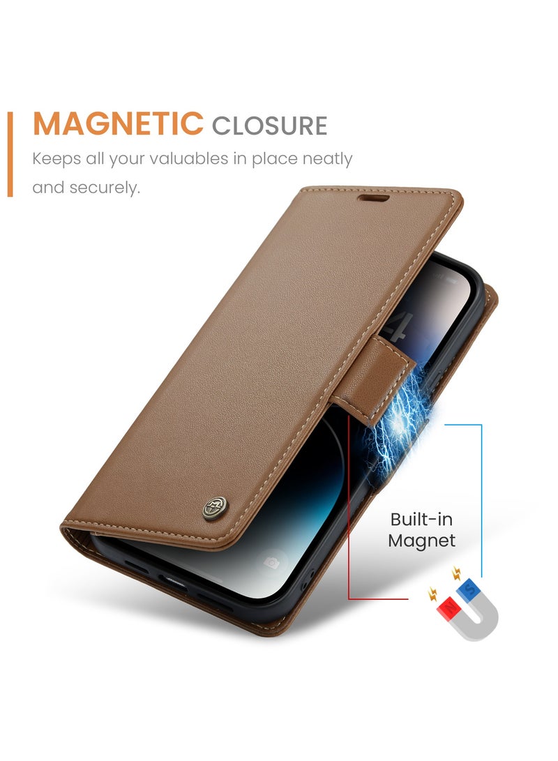 Flip Wallet Case for iPhone 15 Pro, Leather Magnetic Attachment Flip Case Brown - Image 3