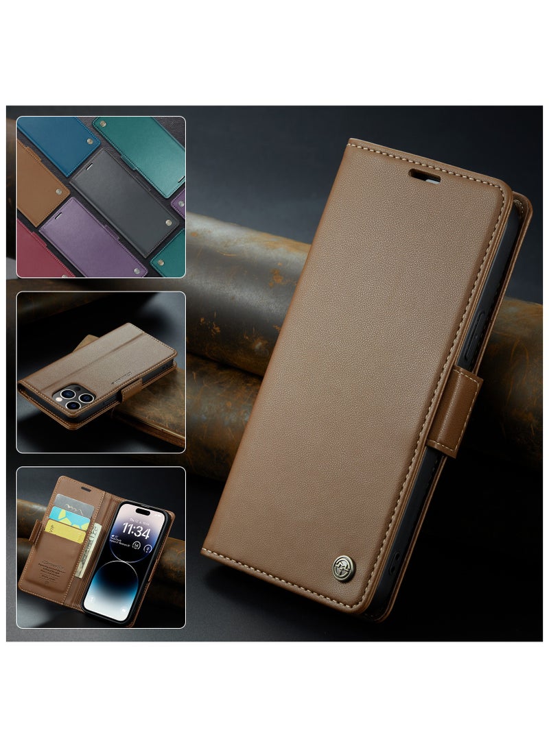 Flip Wallet Case for iPhone 15 Pro, Leather Magnetic Attachment Flip Case Brown - Image 4