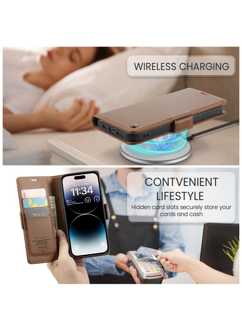 Flip Wallet Case for iPhone 15 Pro, Leather Magnetic Attachment Flip Case Brown - Image 5