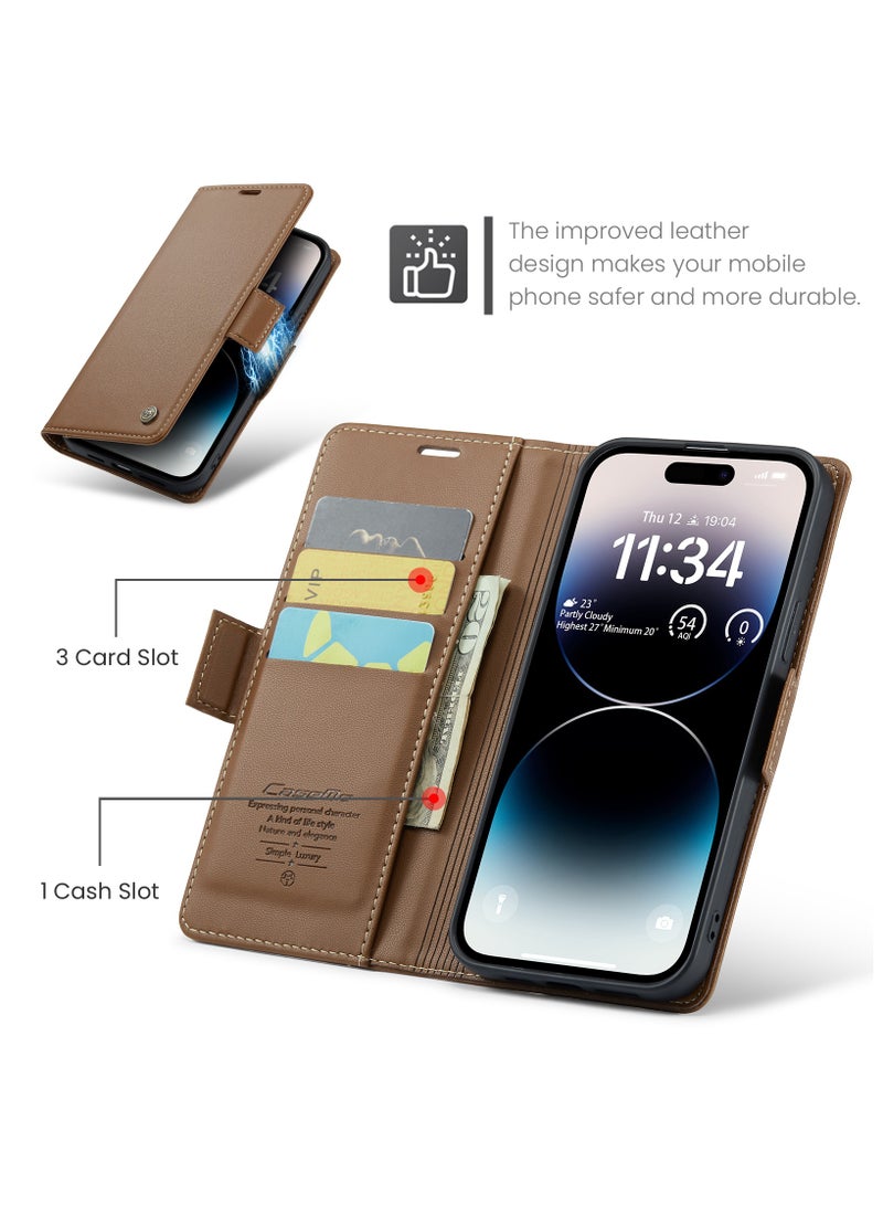 Flip Wallet Case for iPhone 15 Pro, Leather Magnetic Attachment Flip Case Brown - Image 2