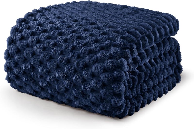 King Size Soft Fleece Blanket, 90x104 Inches Stylish Jacquard Velvet Blanket for Bed, Fuzzy Cozy Lightweight for All Season, Navy Blue - Image 1