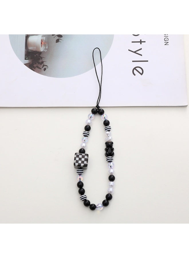 NIBEMINENT Beaded Phone Lanyard, Anti Lost Removable Wrist Strap,K1030 Black And White Square Teddy Bear Bracelet Pendant, Phone Keychain Lanyard