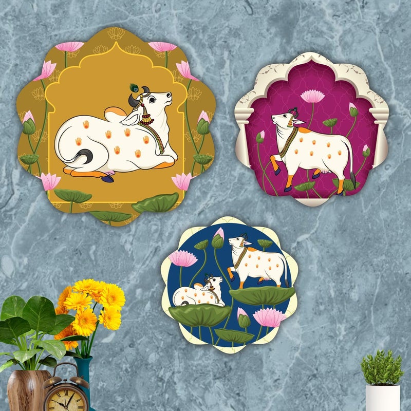 Bhikham Creation Cow Pichwai Designer Art round shape Wall Hanging Decor | Wall Decoration Accessories for Home | home decoration, bedroom | Painting For Diwali | Painting For Festival Set of 3 - Image 4