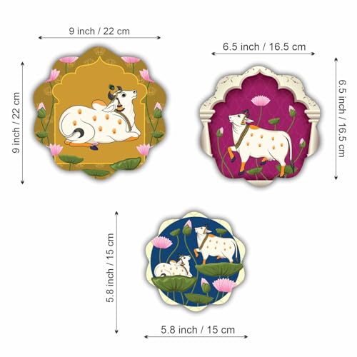 Bhikham Creation Cow Pichwai Designer Art round shape Wall Hanging Decor | Wall Decoration Accessories for Home | home decoration, bedroom | Painting For Diwali | Painting For Festival Set of 3 - Image 3