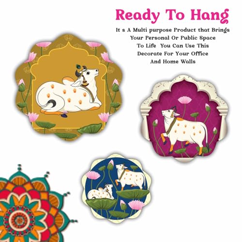 Bhikham Creation Cow Pichwai Designer Art round shape Wall Hanging Decor | Wall Decoration Accessories for Home | home decoration, bedroom | Painting For Diwali | Painting For Festival Set of 3 - Image 2