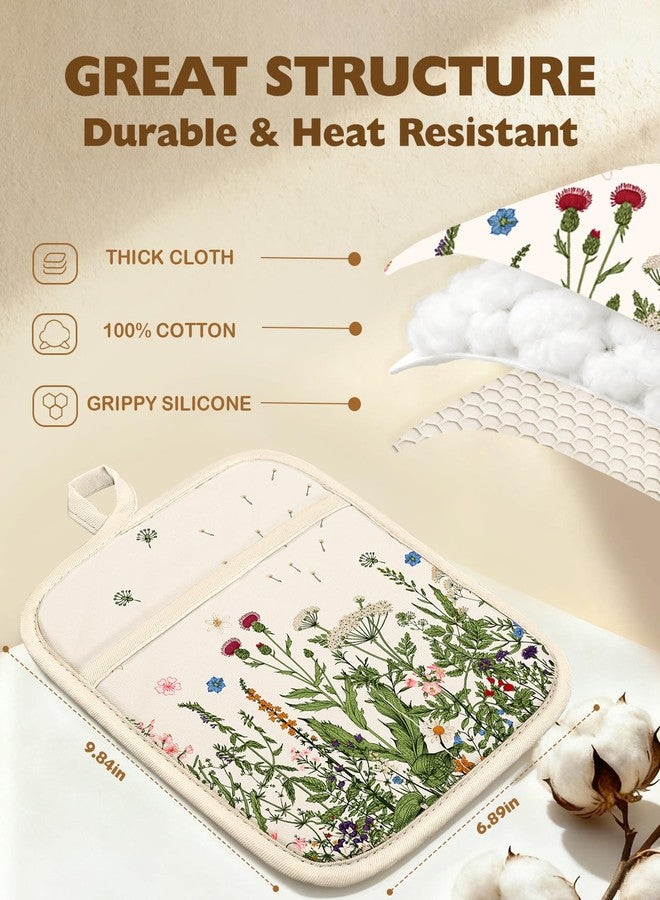 Slohif Silcone Flower Pot Holders for Kitchen - 100% Cotton Beige Cute Oven Potholders with Pockets, Heat Resistant Square Thick Hot Pads, House New Home Baking Baker Gifts,2pack - Image 2