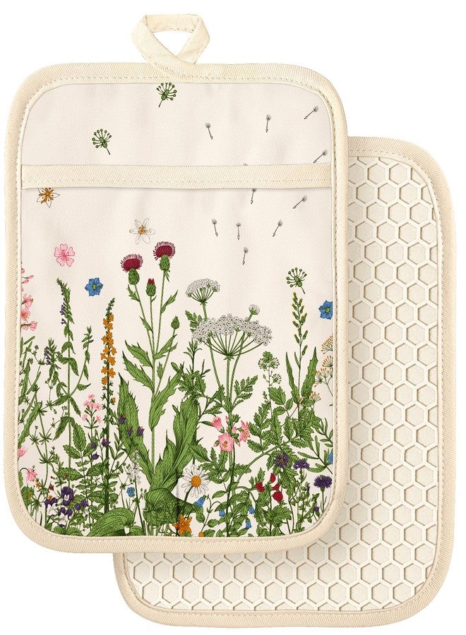 Slohif Silcone Flower Pot Holders for Kitchen - 100% Cotton Beige Cute Oven Potholders with Pockets, Heat Resistant Square Thick Hot Pads, House New Home Baking Baker Gifts,2pack - Image 1