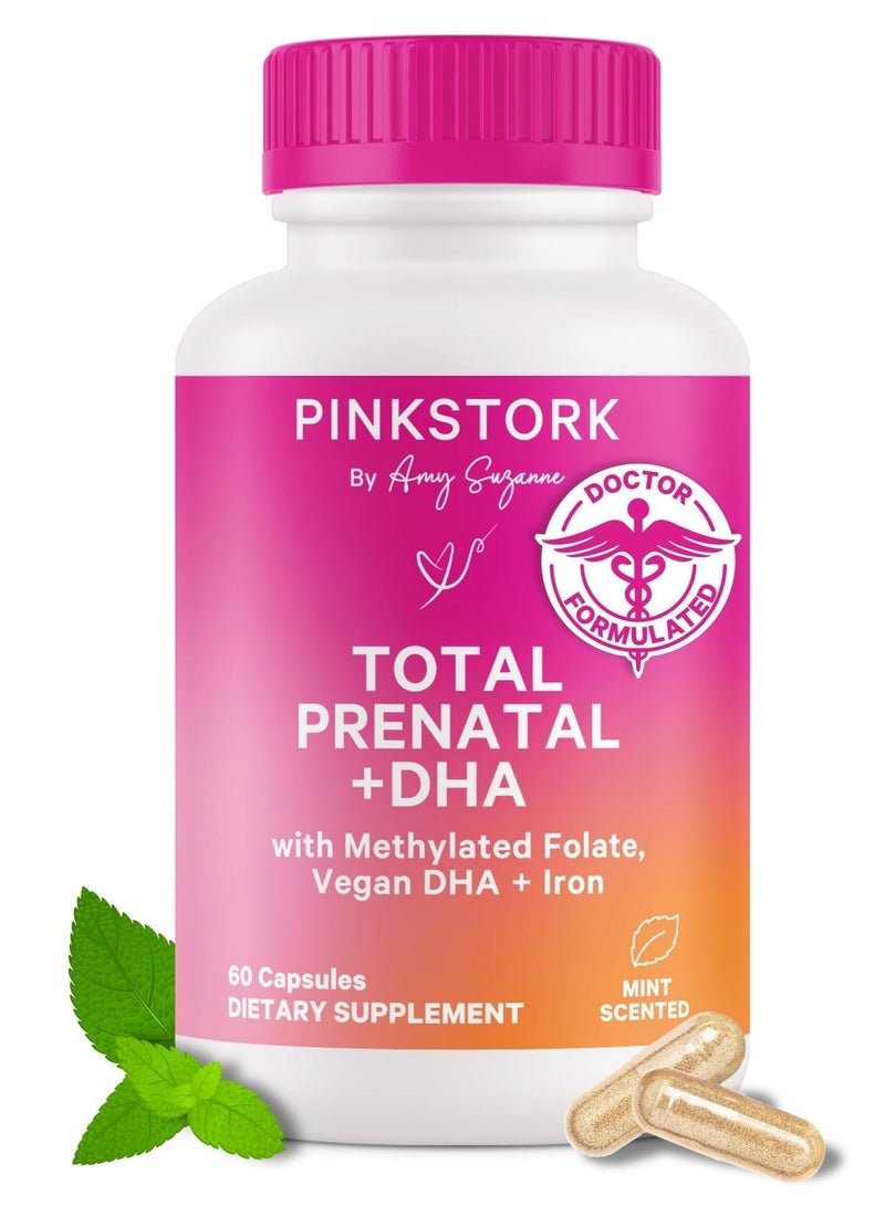 Pink Stork Total Prenatal + DHA With Methylated Folate, Vegan DHA + Iron 60 Capsules Dietary Supplement Mint Scented - Image 1