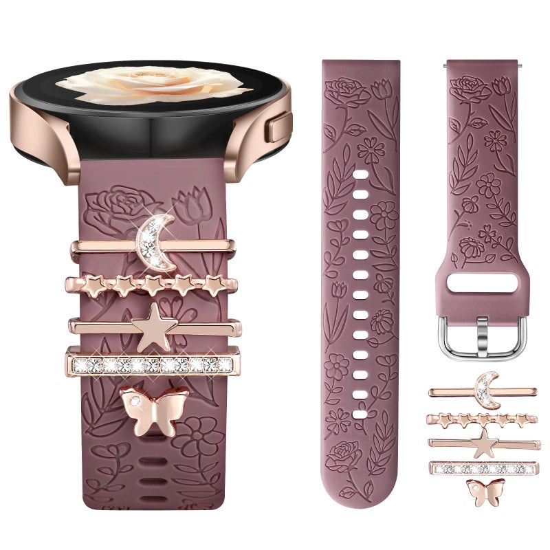 DaQin Flower Engraved Band Compatible with Samsung Galaxy Watch 7 Band/FE 6 5 4 40mm 44mm,Galaxy Active 2, 20mm Watch Band Soft Silicone Replacement Strap with Decorative Charms Accessories Women - Image 1