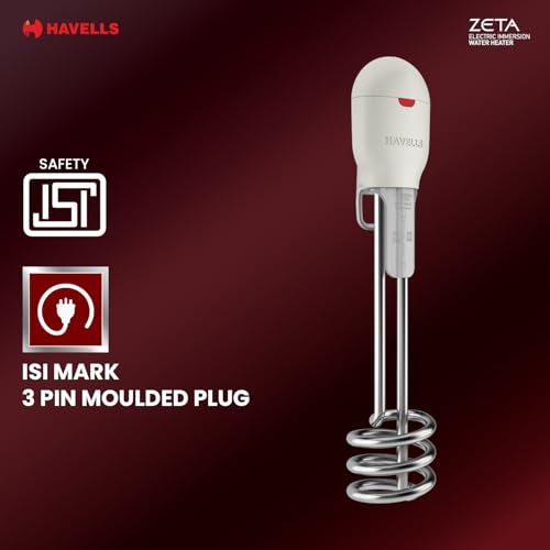 Havells Plastic Zeta 1000 Watt Immersion Heater | ISI Mark Heavy Duty 3 Pin Moulded Plug, Touch Protection Cover |Waterproof, Heating Indicator, Nickel Plating, Warranty: 2 Year Comprehensive|(Grey) - Image 5