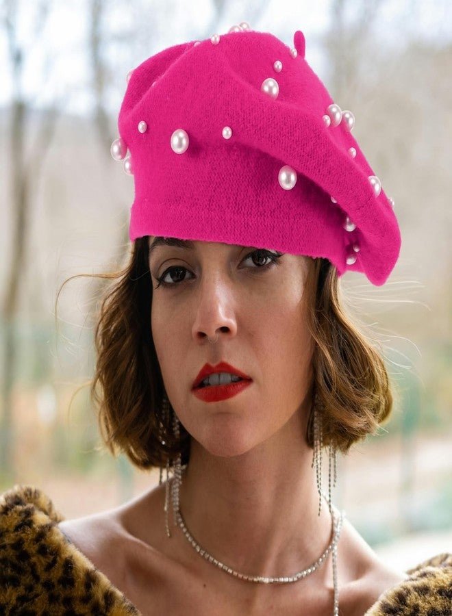 بيستويارد قبعات بيريه فرنسية للنساء، قبعات بيريه مزينة باللؤلؤ للنساء والفتيات، إكسسوارات صوفية للخريف والشتاء (وردي) - Image 2