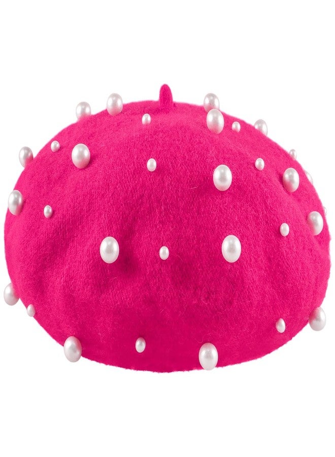 بيستويارد قبعات بيريه فرنسية للنساء، قبعات بيريه مزينة باللؤلؤ للنساء والفتيات، إكسسوارات صوفية للخريف والشتاء (وردي) - Image 1