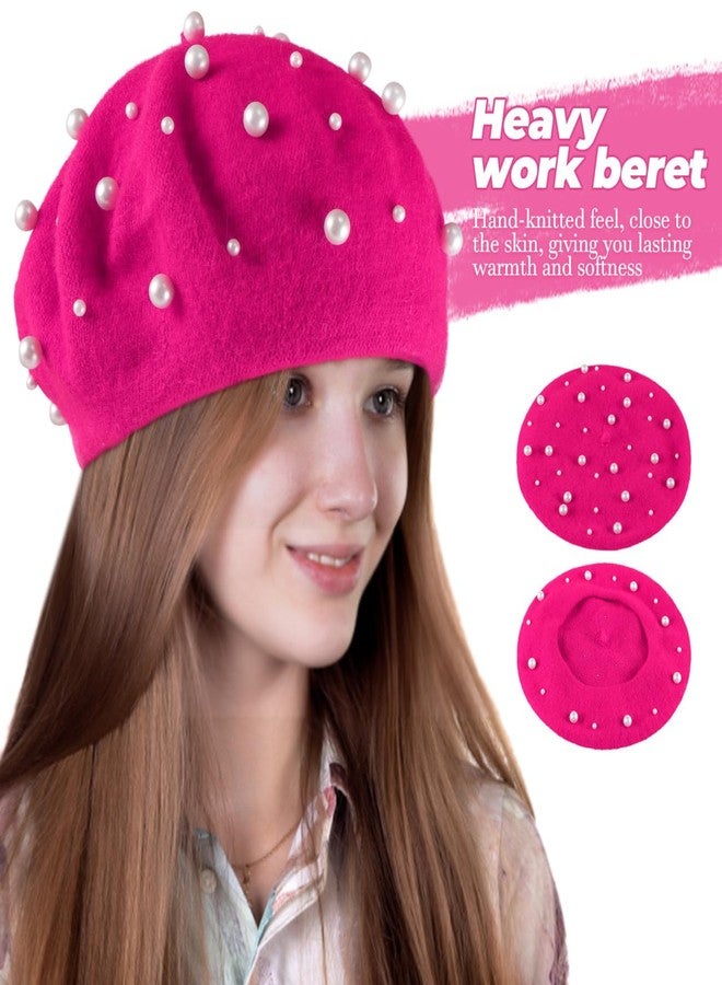 بيستويارد قبعات بيريه فرنسية للنساء، قبعات بيريه مزينة باللؤلؤ للنساء والفتيات، إكسسوارات صوفية للخريف والشتاء (وردي) - Image 3