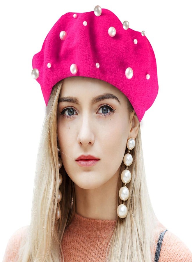 بيستويارد قبعات بيريه فرنسية للنساء، قبعات بيريه مزينة باللؤلؤ للنساء والفتيات، إكسسوارات صوفية للخريف والشتاء (وردي) - Image 5