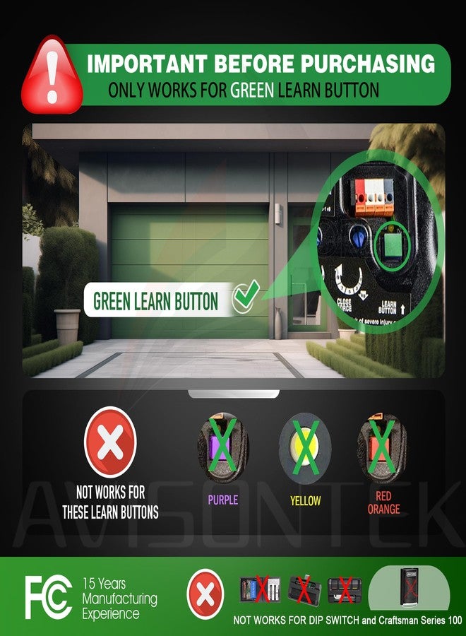 Avisontek 2 for 81LM Liftmaster Garage Door Opener Remote Green Learn Button 3-Year-Warranty - Image 2