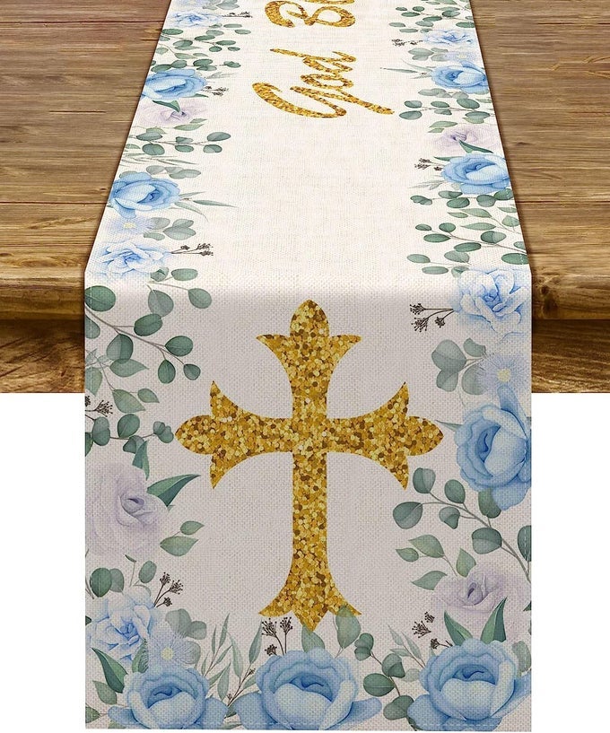 BOY BAPTISM TABLE RUNNER GOD BLESS FIRST HOLY COMMUNION CHRISTENING BABY SHOWER PARTY KITCHEN DINING HOME DECORATION 13 X 72 BLUE