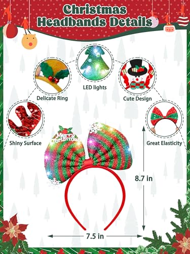HOVACY 24 Pcs Light Up Christmas Headbands LED Lights Christmas Headband Santa Hat Reindeer Ginger Antler Tree Elves Hat Hair Bow Headpieces for Xmas Party Favors Photos Booth - Image 5