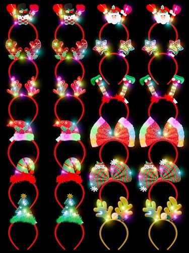 HOVACY 24 Pcs Light Up Christmas Headbands LED Lights Christmas Headband Santa Hat Reindeer Ginger Antler Tree Elves Hat Hair Bow Headpieces for Xmas Party Favors Photos Booth - Image 1
