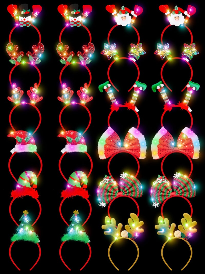 HOVACY 24 Pcs Light Up Christmas Headbands LED Lights Christmas Headband Santa Hat Reindeer Ginger Antler Tree Elves Hat Hair Bow Headpieces for Xmas Party Favors Photos Booth - Image 3