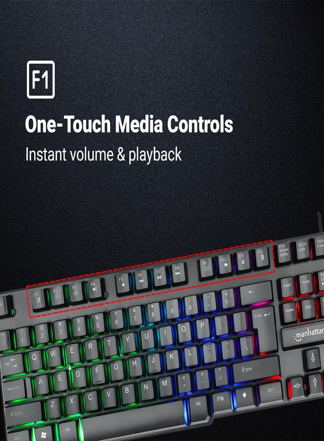 MANHATTAN RGB LED USB Gaming Keyboard - Full Size, Rainbow Backlight, Spill-Resistant, Quiet Keystrokes, 12 Multimedia Function Keys, for Computer, PC, Desktop, Gamer - 3 Yr Mfg Warranty - 180603 - Image 3