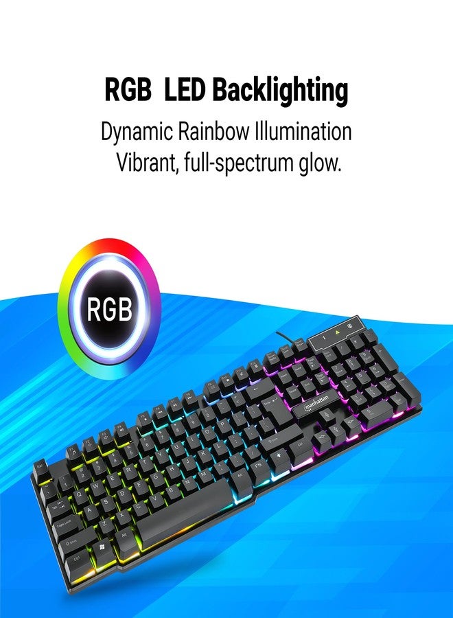 MANHATTAN RGB LED USB Gaming Keyboard - Full Size, Rainbow Backlight, Spill-Resistant, Quiet Keystrokes, 12 Multimedia Function Keys, for Computer, PC, Desktop, Gamer - 3 Yr Mfg Warranty - 180603 - Image 2