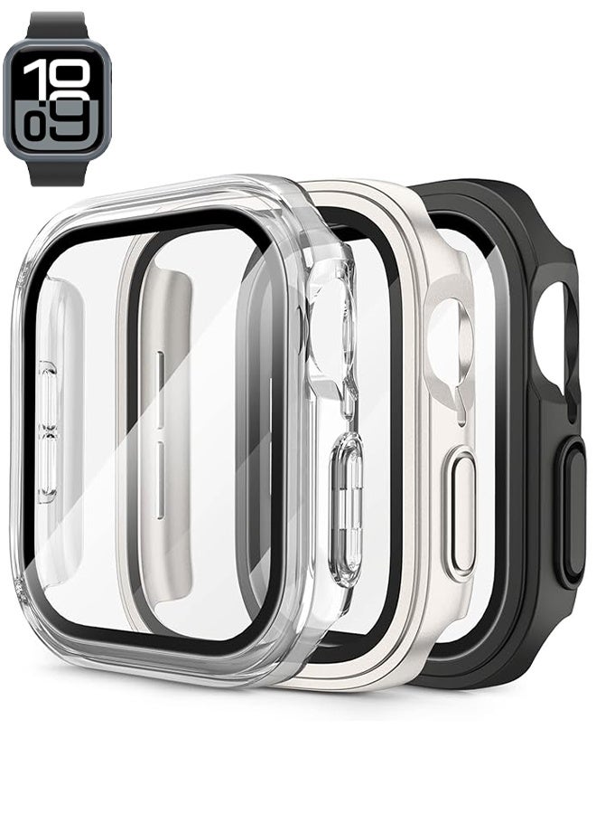 3 Pack Hard PC Case for Apple Watch Screen Protector Series 10, Full Hard Ultra-Thin Scratch Resistant Cover 42mm, Shockproof Hollow Bumper Frame Guard - Black/Clear/Starlight - Image 1