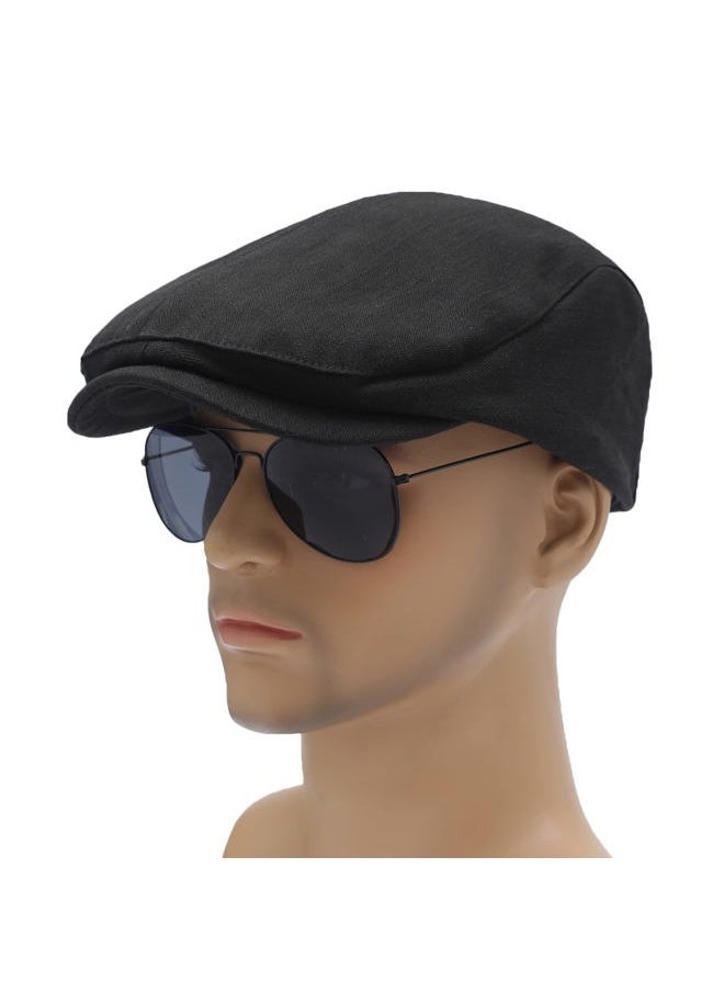 Men Cotton Flat Cap Summer Scally Ivy Gatsby Newsboy Beret Driver Cabbie Hunting Hat (Back Buckle Black)