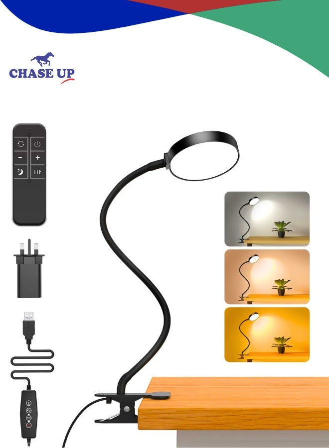 Chase Up Reading Light with Remote, LED Desk Lamp Clip on [1H Timer & Nightlight] RA>95 Dimmable Flexible Gooseneck, USB Reading Lamp Clamp for Table - 9CM Lamp Head - Black (Adapter Included) - Image 1