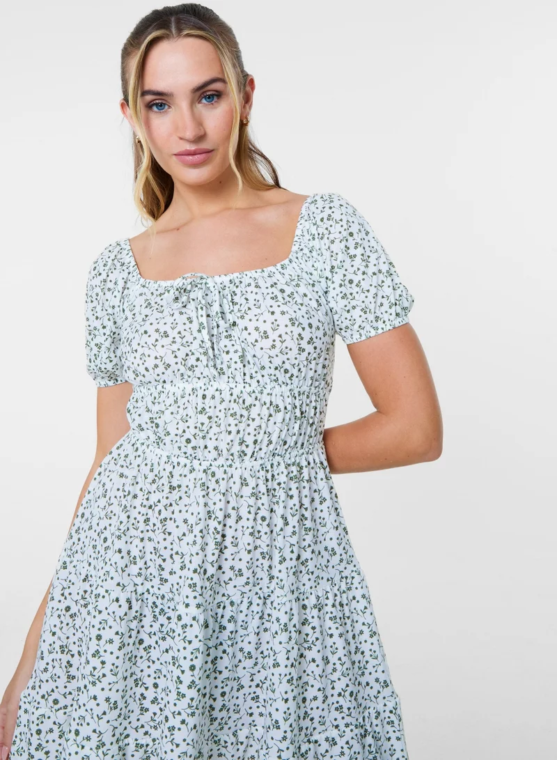 Pink Vanilla  Ditsy Puff Sleeve Tiered Mini Dress for Women | Best Price UAE