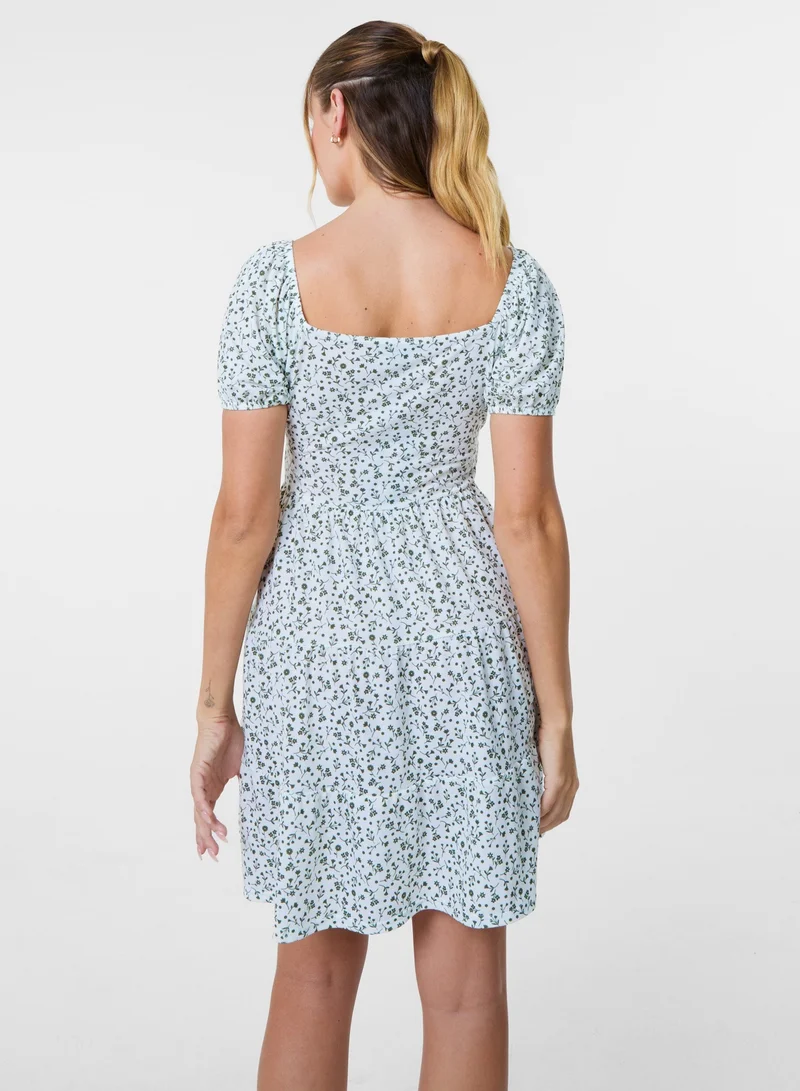 Pink Vanilla Ditsy Puff Sleeve Tiered Mini Dress