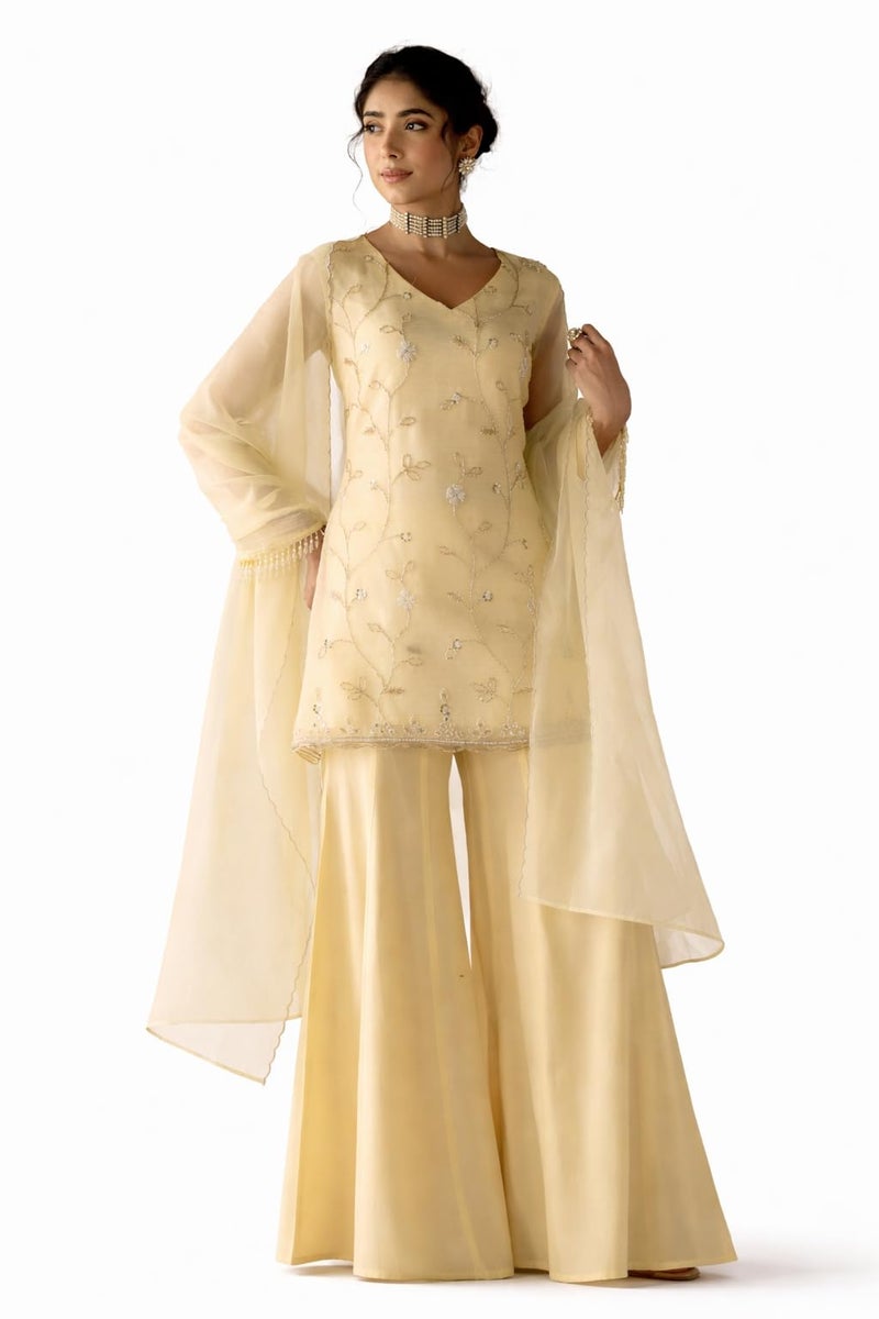 FIORRA Women Light Pastel Yellow Crush Organza Hand Work A-Line Kurta Set with Dupatta SET0225 - Image 1