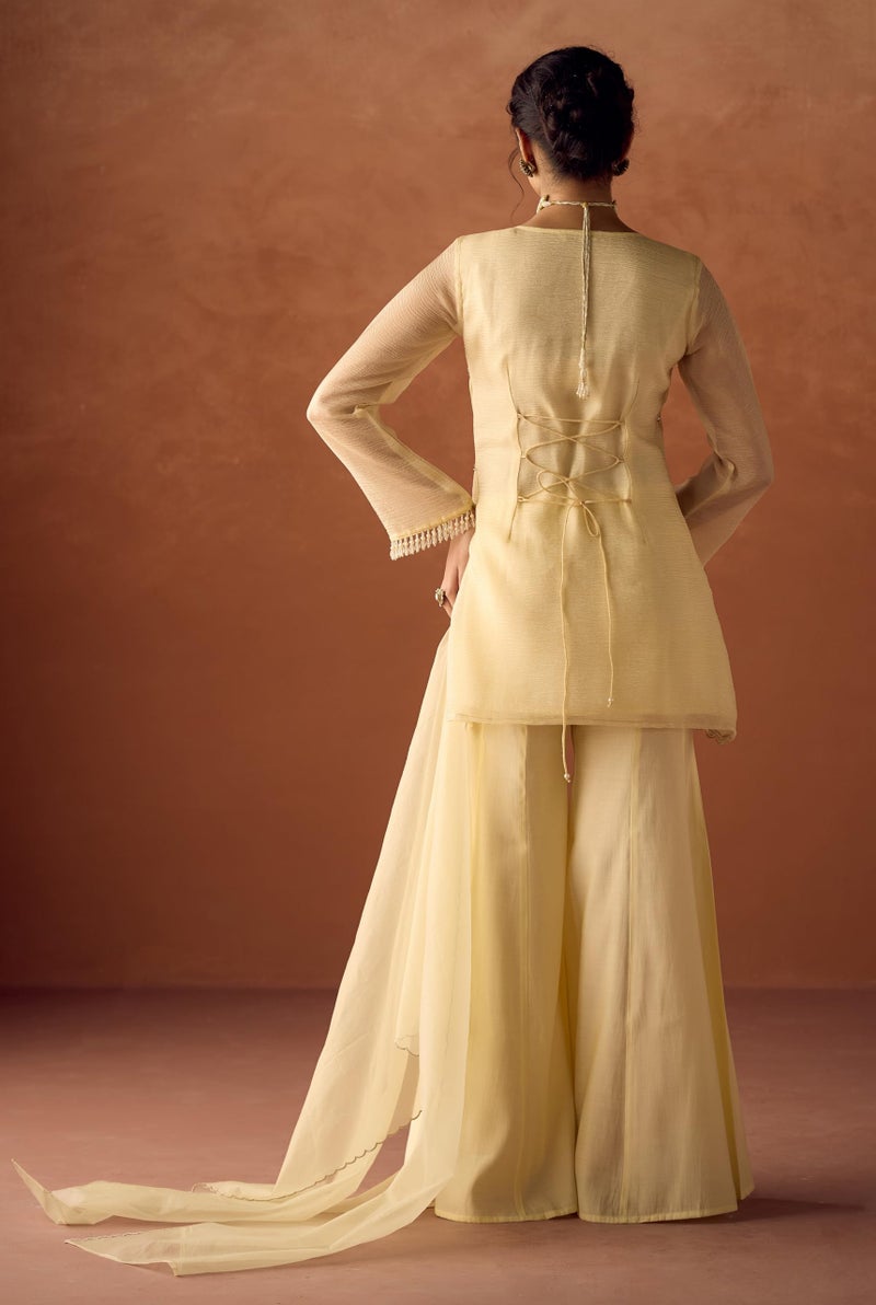 FIORRA Women Light Pastel Yellow Crush Organza Hand Work A-Line Kurta Set with Dupatta SET0225 - Image 2