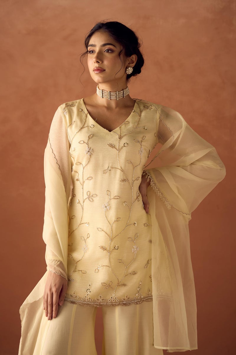 FIORRA Women Light Pastel Yellow Crush Organza Hand Work A-Line Kurta Set with Dupatta SET0225 - Image 5