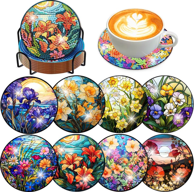 Meothan 8 Pack Diamond Art Coasters Kit-Flowers Diamond Painting Coasters Kits with Holder Cork Pads DIY Flower Diamond Coasters Set for Adults Beginners Crafts Supplies - Image 1