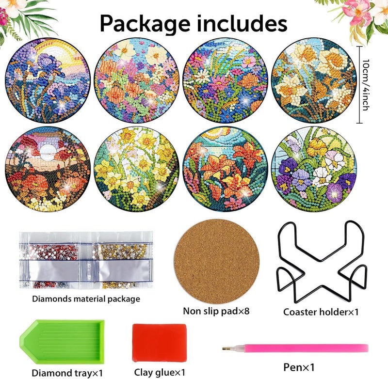 Meothan 8 Pack Diamond Art Coasters Kit-Flowers Diamond Painting Coasters Kits with Holder Cork Pads DIY Flower Diamond Coasters Set for Adults Beginners Crafts Supplies - Image 2